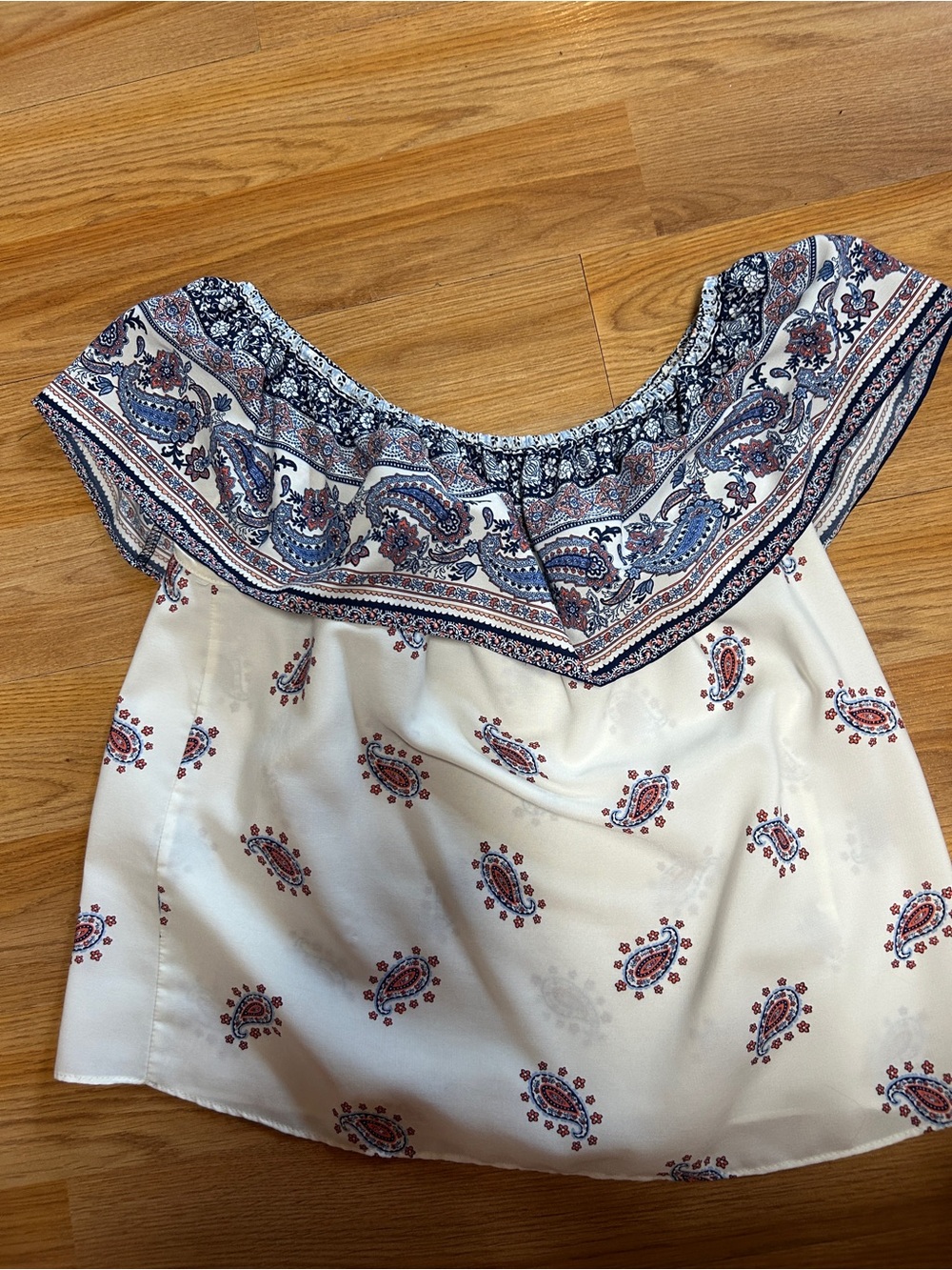 Off-Shoulder Paisley Blouse in White and Blue